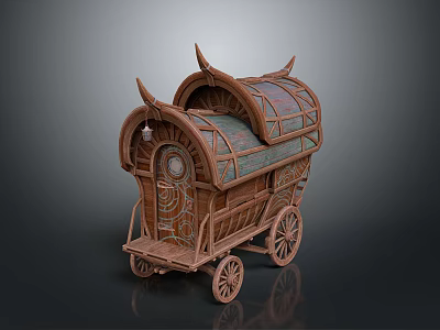 Cartoon Scene Featuring Wooden Carriage with Arched Roof Colorful Fabric and Decorative Patterns 3d model