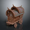 Cartoon Scene Featuring Wooden Carriage with Arched Roof Colorful Fabric and Decorative Patterns