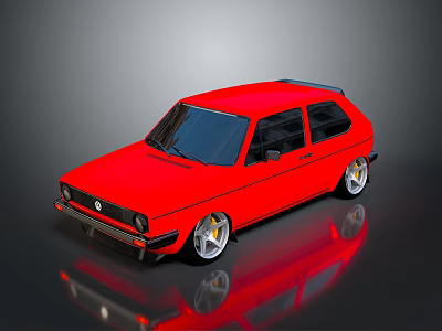 Red Classic Hatchback Car With Black Windows And Silver Wheels On Reflective Surface 3d model