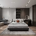 Elegant Modern Bedroom Interior With Upholstered Headboard Geometric Rug And Pendant Lights