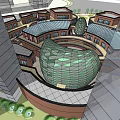 Modern Commercial Street With Glass Facades Pedestrian Walkways And Green Landscaping