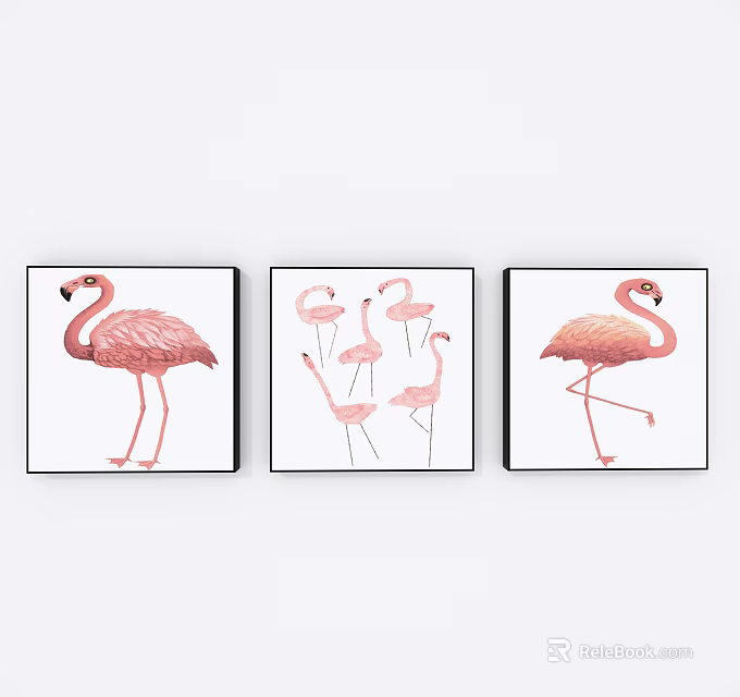 Flamingo Animal Paintings Three Piece Set with Pink Birds White Background and Black Frames 3d model 