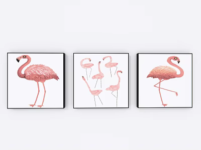 Flamingo Animal Paintings Three Piece Set with Pink Birds White Background and Black Frames 3d model