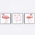 Flamingo Animal Paintings Three Piece Set with Pink Birds White Background and Black Frames