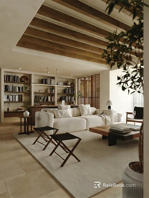 Modern Living And Dining Room Interior With Wooden Ceiling Bookshelves And Green Plants 3d model 