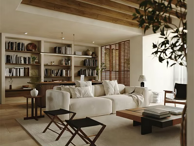 Modern Living And Dining Room Interior With Wooden Ceiling Bookshelves And Green Plants 3d model