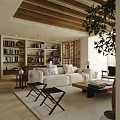 Modern Living And Dining Room Interior With Wooden Ceiling Bookshelves And Green Plants