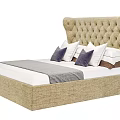 Stylish Double Bed With Tufted Linen Headboard White Sheets Purple Pillows And Gray Throw Blanket