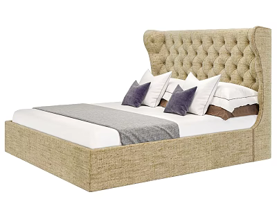 Stylish Double Bed With Tufted Linen Headboard White Sheets Purple Pillows And Gray Throw Blanket 3d model