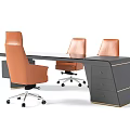Modern Office Desk With Three Orange Swivel Chairs And Sleek Gray Design