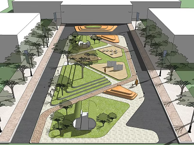Urban Plaza Landscape Featuring Green Lawn Trees Pedestrian Pathways And Seating Areas 3d model