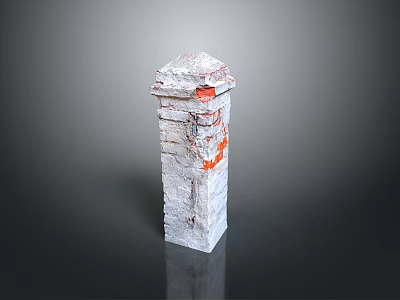 Scenic Landscape with Weathered Stone Pillar Featuring Brick Structure and Red Stains 3d model