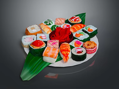 Assorted Sushi Platter With Salmon Shrimp And Green Leaf Decorations On White Plate 3d model