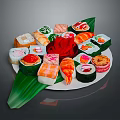 Assorted Sushi Platter With Salmon Shrimp And Green Leaf Decorations On White Plate