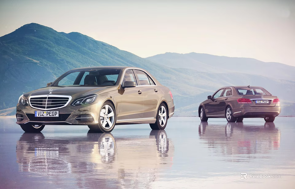 Two Golden And Dark Colored Sedans With Mountain Backdrop And Water Reflection Scene 3d model 