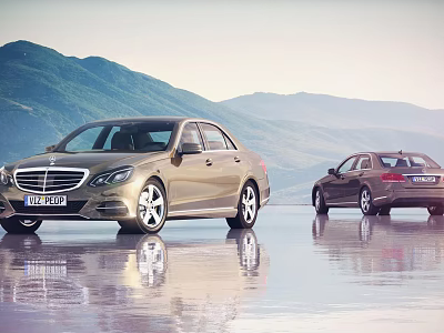 Two Golden And Dark Colored Sedans With Mountain Backdrop And Water Reflection Scene 3d model