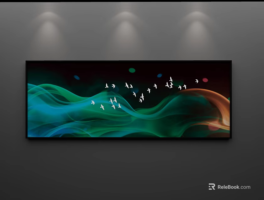 Modern Abstract Painting With Flowing Green Blue Curves And Orange Accents On Dark Background 3d model 