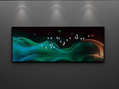 Modern Abstract Painting With Flowing Green Blue Curves And Orange Accents On Dark Background 3d model