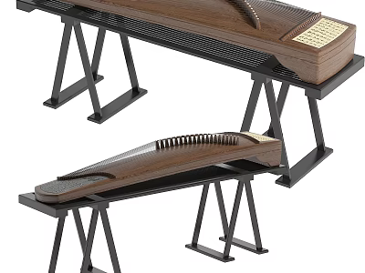 Traditional Chinese Guzheng Musical Instrument With Wooden Body And Black Metal Stands 3d model