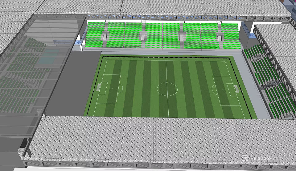 Modern Football Stadium With Green Grass Field And White Markings On Stands 3d model 