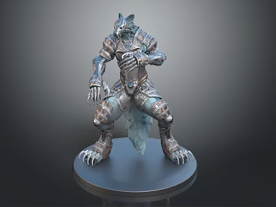 Wolf Headed Humanoid Armored Sculpture in Squatting Pose With Claws and Round Base 3d model