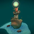 Cartoon Scene Featuring Rock Structure Lit Candle Magnifying Glass Small Buildings Wooden Boats On Water