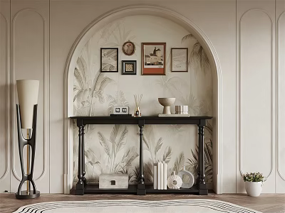 Stylish Console Table With Arched Wall Art Decorative Items Floor Lamp And Potted Plant 3d model
