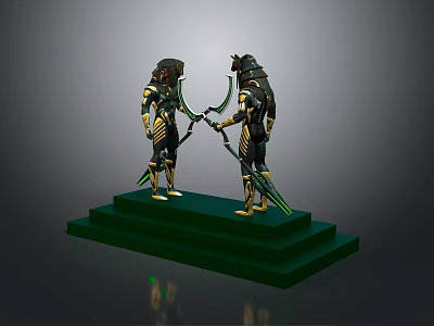 Egyptian Style Two Warrior Statues On Green Pedestal With Gold Black Details And Weapons 3d model