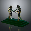 Egyptian Style Two Warrior Statues On Green Pedestal With Gold Black Details And Weapons