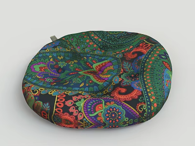 Colorful Circular Cushion for Single Seater Sofa with Paisley and Floral Patterns 3d model