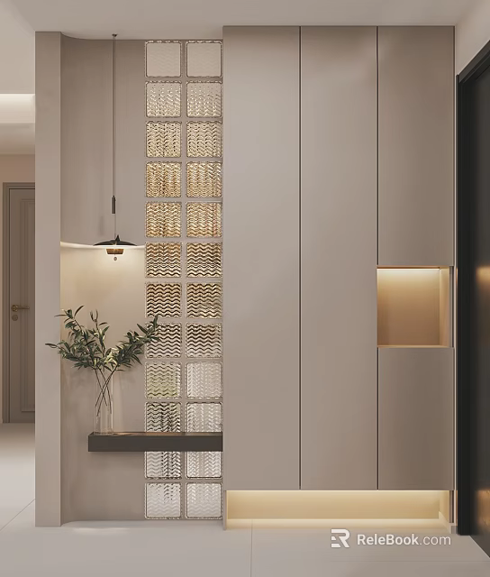 Modern Elegant Entryway Hallway Interior With Lattice Screen Pendant Light Green Plant And Storage Cabinet 3d model 