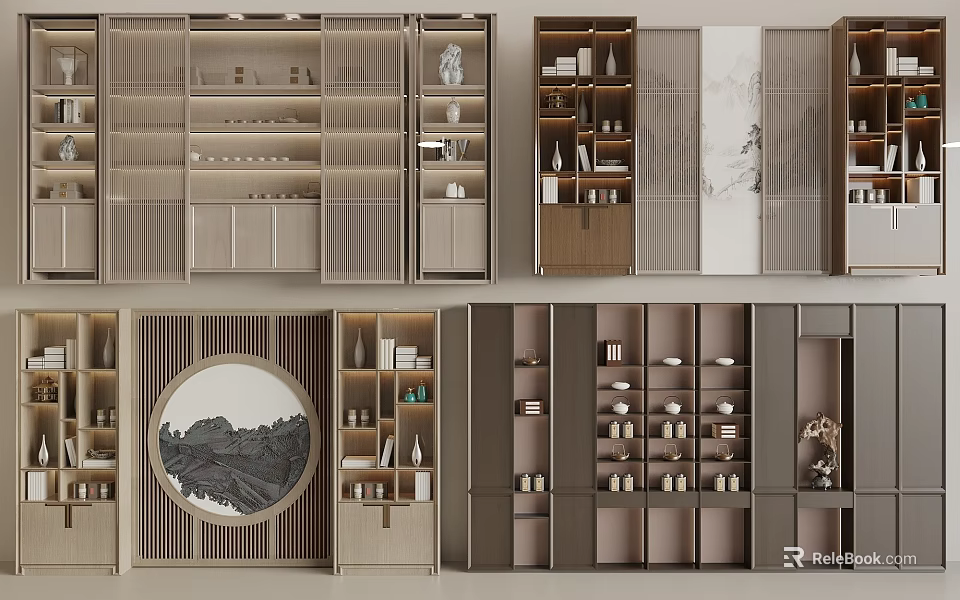 Modern Traditional Wooden Storage Cabinets With Multilayer Shelves For Home Interior 3d model 