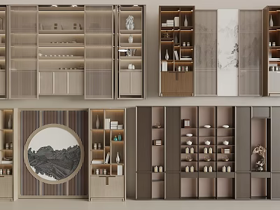 Modern Traditional Wooden Storage Cabinets With Multilayer Shelves For Home Interior 3d model