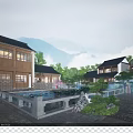 Ancient Chinese Architecture Courtyard Design With Pond Green Plants And Mountain View