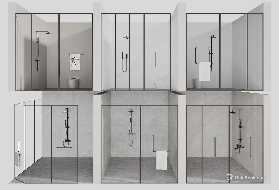 Modern Shower Head Design In Contemporary Shower Room With Glass Enclosure And Gray Tiles 3d model 