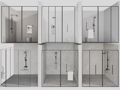 Modern Shower Head Design In Contemporary Shower Room With Glass Enclosure And Gray Tiles 3d model