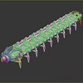 3D Rendered Green Segmented Creature Character With Patterned Body Metallic Head And Multiple Legs