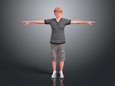 Man Standing with Arms Outstretched in Grey T-Shirt Khaki Shorts and White Sneakers 3d model