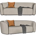 Beige Two Seater Sofa With Orange Cushion And Gray Plaid Blanket