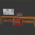 Wooden Workbench With Red Toolboxes And Tool Pegboard On Shelves
