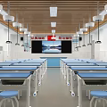 Modern Laboratory With Blue Workbenches Stools And Bright Ceiling Lights 3d model