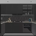 Modern Dark Gray Kitchen Interior With Cabinets Stove Range Hood And Tile Backsplash 3d model