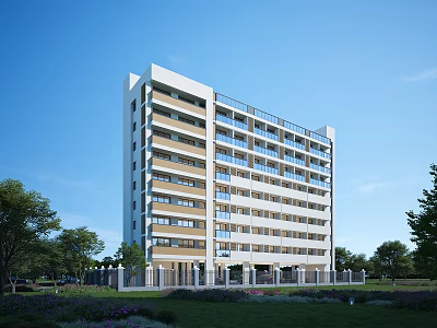Modern Multi Story School Building With Green Lawn Trees And Blue Sky 3d model