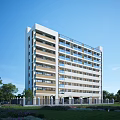 Modern Multi Story School Building With Green Lawn Trees And Blue Sky