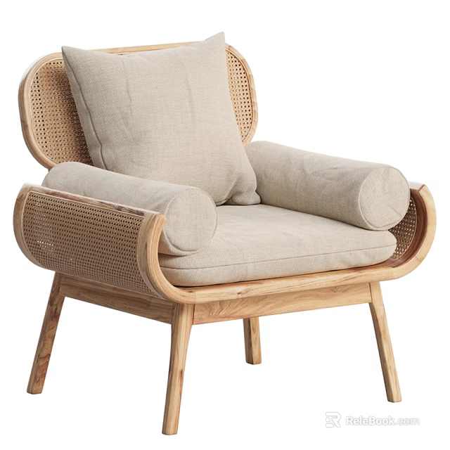 Modern Natural Rattan Solid Wood Beige Upholstered Leisure Chair For Home Living Room Use 3d model 