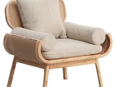 Modern Natural Rattan Solid Wood Beige Upholstered Leisure Chair For Home Living Room Use 3d model