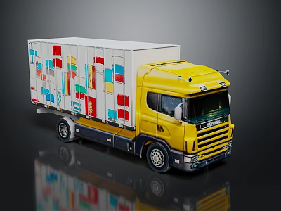 Yellow Truck With Colorful Square Patterns On Trailer And Reflective Surface 3d model
