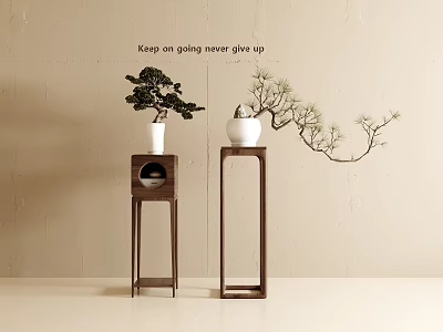 Wooden Plant Stands With Potted Pine Tree And Bonsai For Indoor Home Decor 3d model