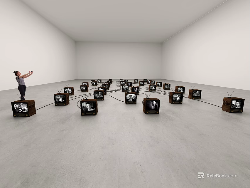 Art Installation With Vintage TVs Connected by Cables and a Person in Gallery Space 3d model 