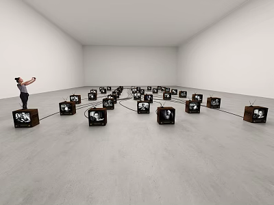 Art Installation With Vintage TVs Connected by Cables and a Person in Gallery Space 3d model